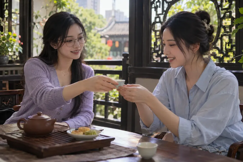 花窗旁茶点与茶杯摆放的交流场景