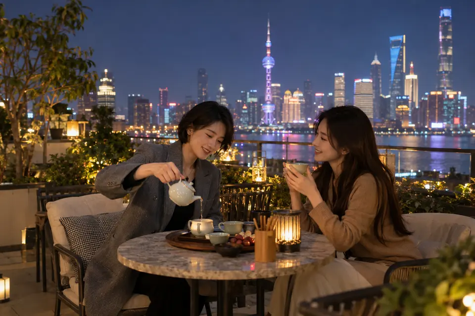 夜晚露台上几位朋友围坐倒茶交流的场景