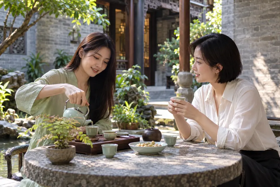 岭南庭院中青瓷茶具与倒茶交流的场景